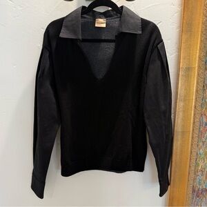 NUDE Black V-Neck Sweater w Collar &  button cuffed long sleeves Made in Italy